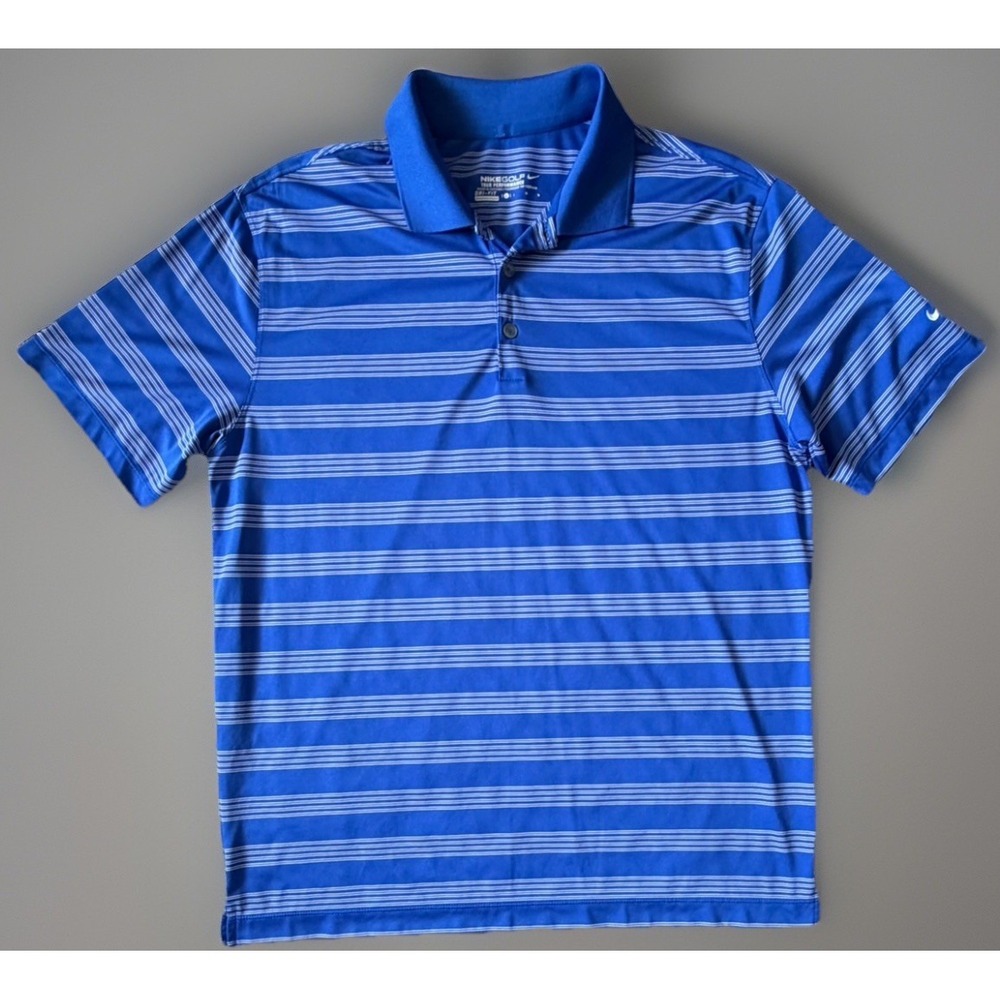 Nike Golf Tour Performance Polo Shirt Dri-Fit Swoosh Logo Blue Stripe Large JBHS